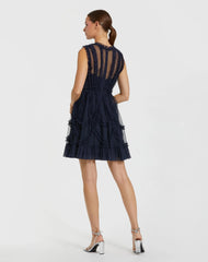 Navy High Neck Sleeveless Micro Ruffle Mini Dress