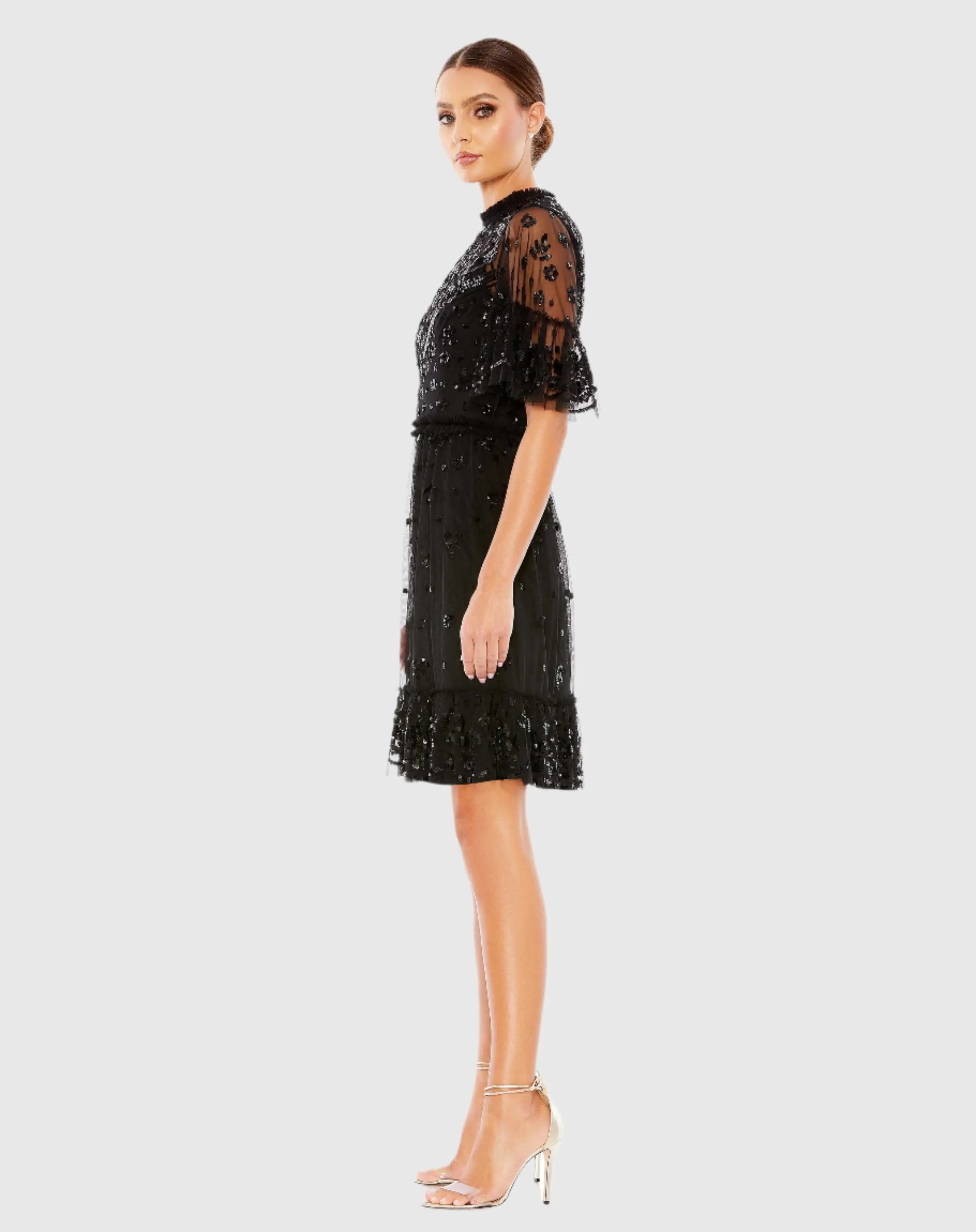 Black Embellished Illusion High Neck Mini Dress