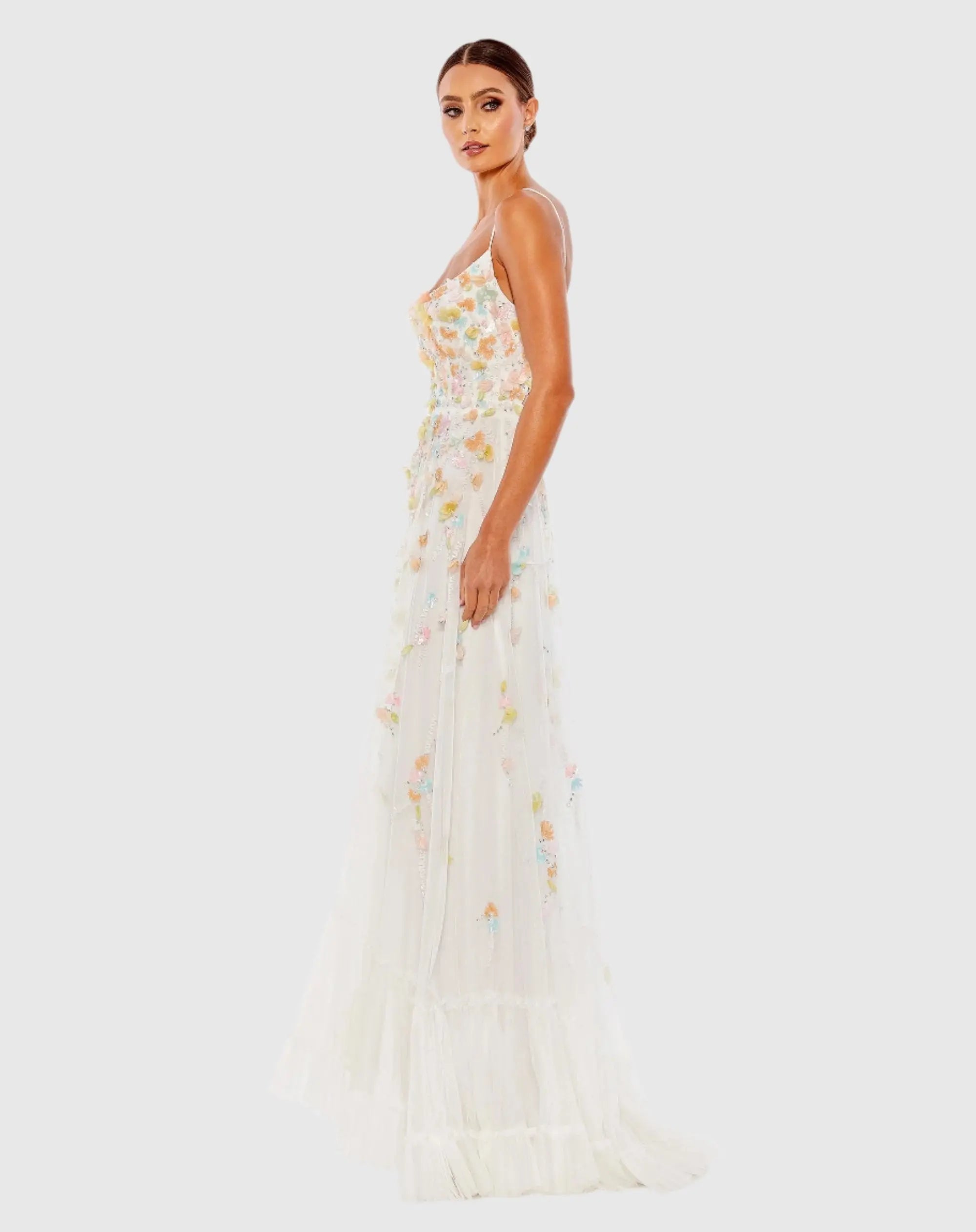 White Beaded 3D Flower Cami Ruffled High Low Lace Up Gown