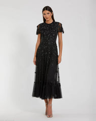 Embellished High Neck Cap Sleeve A Line Dress