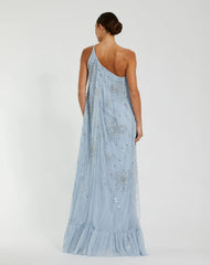 Blue One Shoulder Bow Embellished High Low Gown