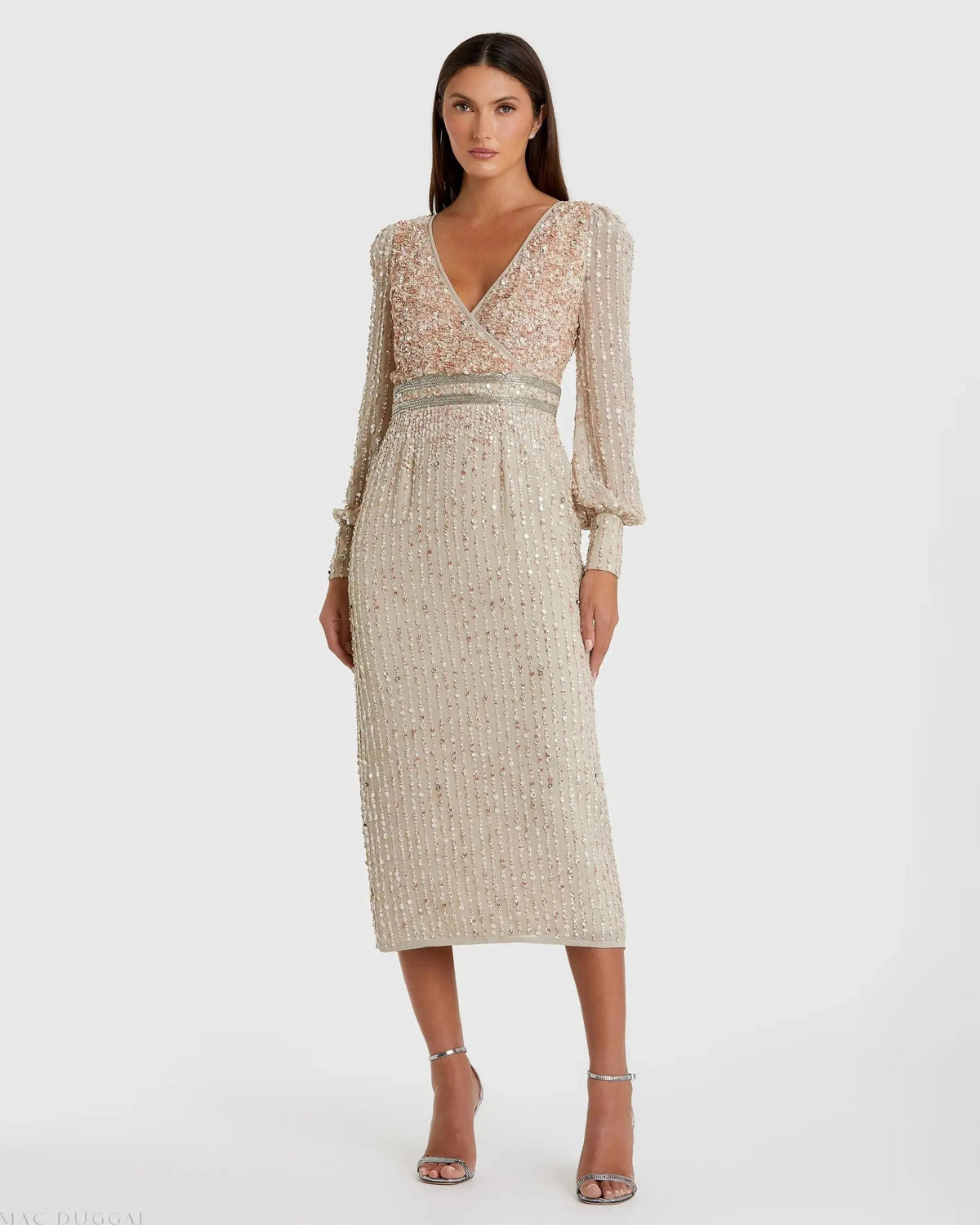 Sequined V Neck Bishop Sleeve Dress