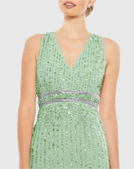 Green Sequined Sleeveless V-Neck Midi Sheath Dress