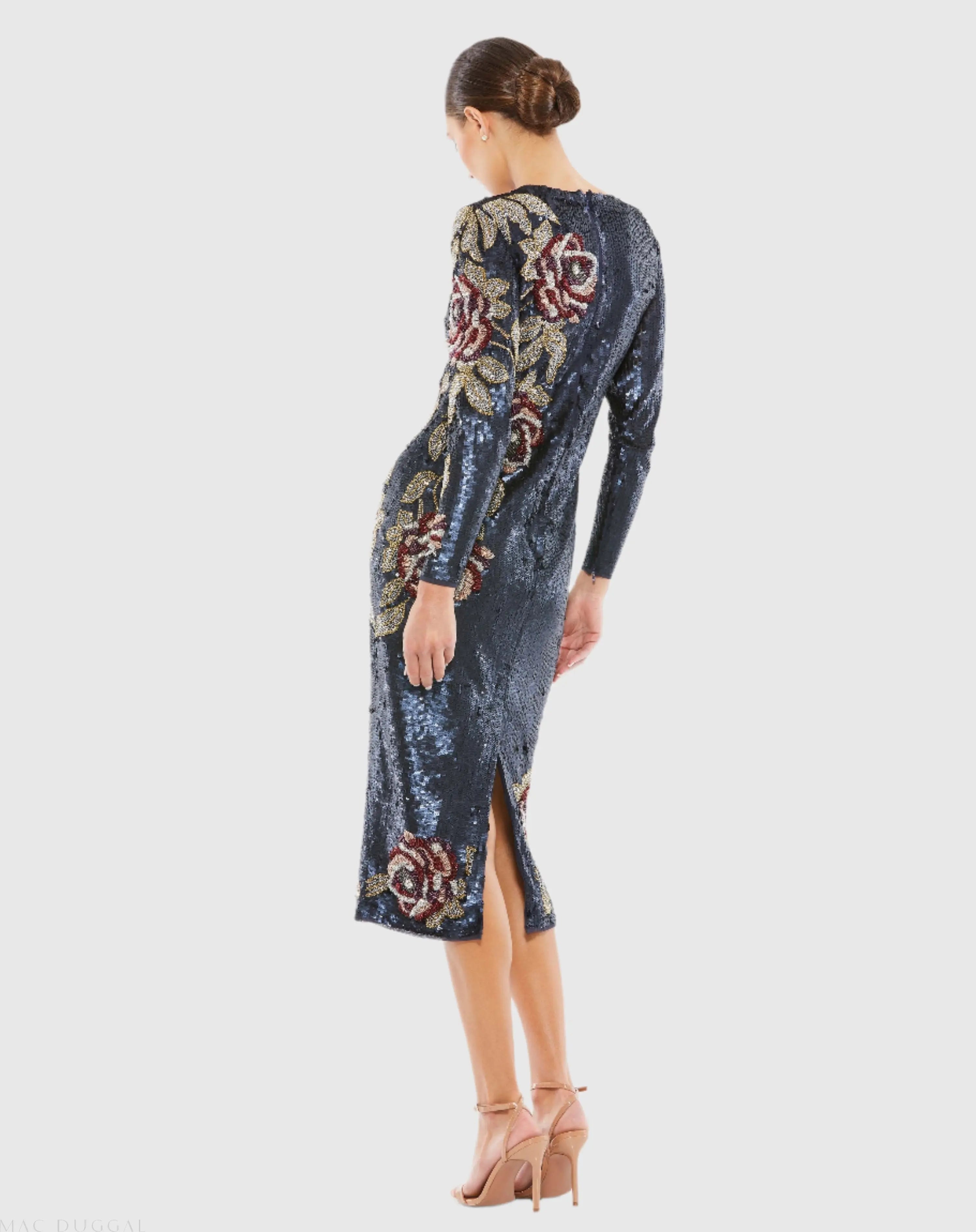 Navy Sequined Asymmetrical Floral Long Sleeve Midi Dress