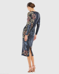 Navy Sequined Asymmetrical Floral Long Sleeve Midi Dress
