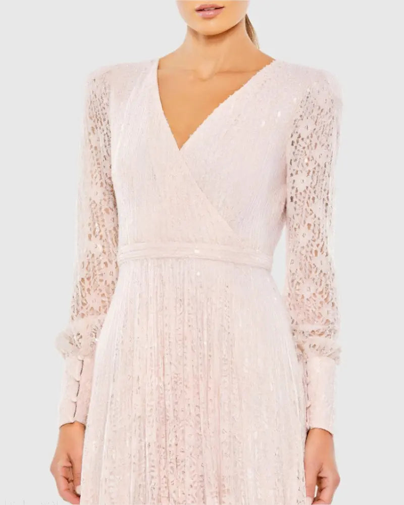 Pink Beaded Lace Long Sleeve Wrap Over Gown - FINAL SALE
