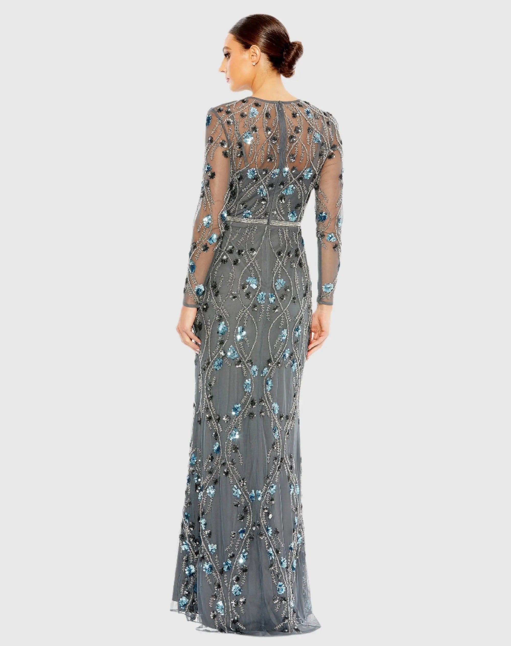 Gray Floral Embellished Long Sleeve Gown