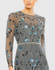 Gray Floral Embellished Long Sleeve Gown