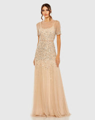 Gold High Neck Short Sleeve Sequin Embellished Gown