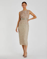 Nude Sleeveless High Neck Beaded Midi Sheath Dress - FINAL SALE