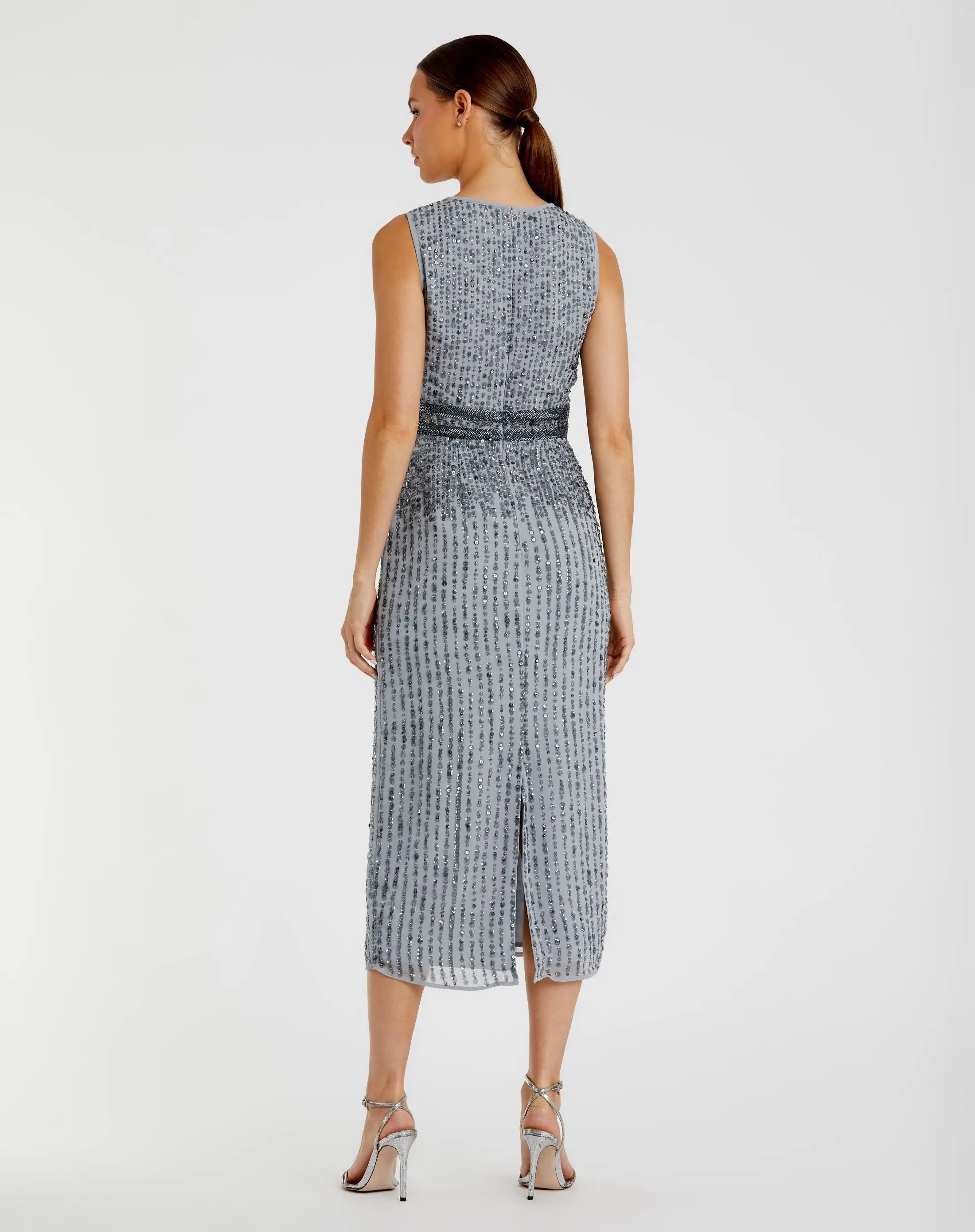 Gray Sleeveless High Neck Beaded Midi Sheath Dress - FINAL SALE