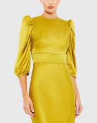 Green High Neck 3/4 Sleeve Midi Dress
