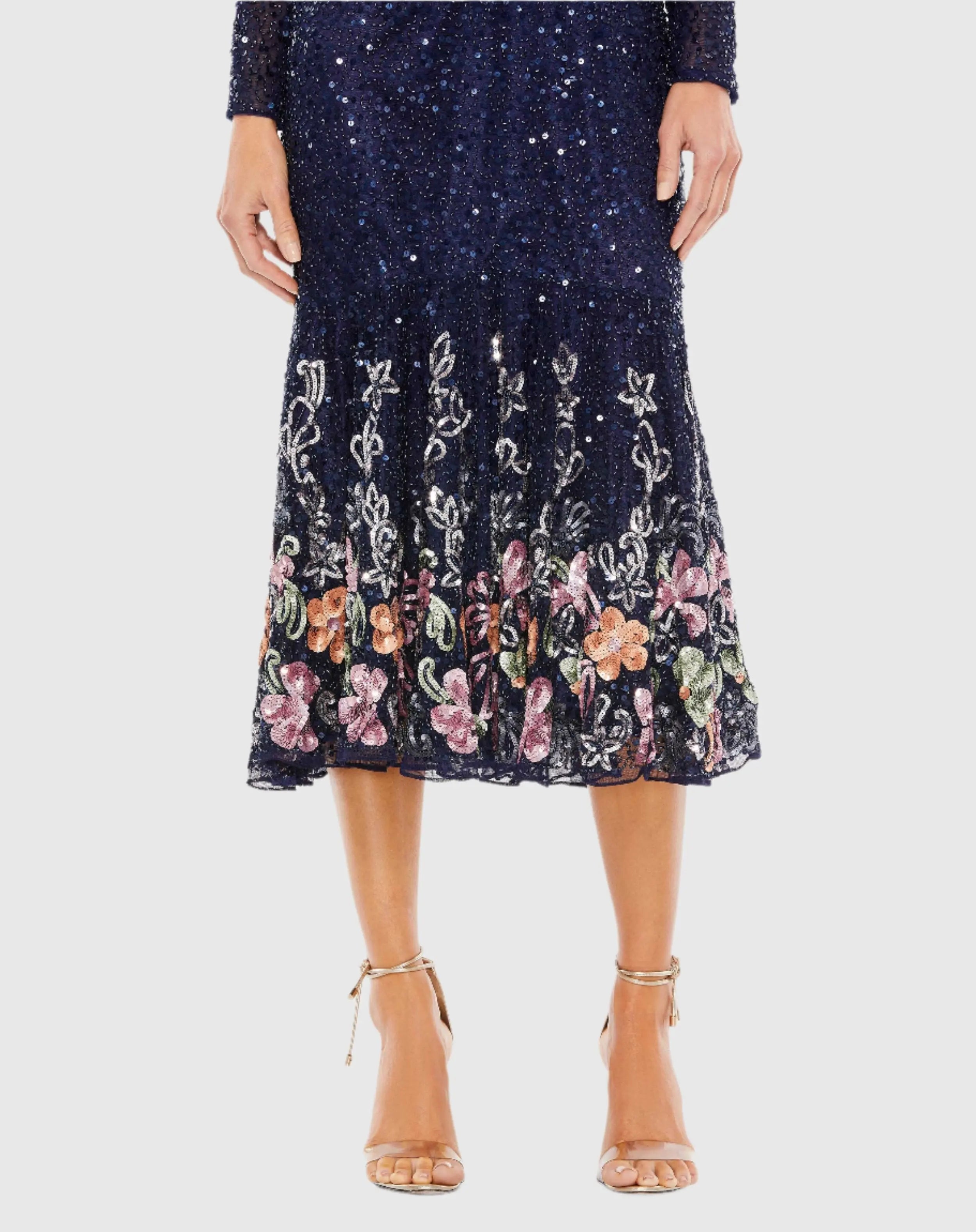 Navy Multicolor Faux Wrap Long Sleeve Tea Length Dress