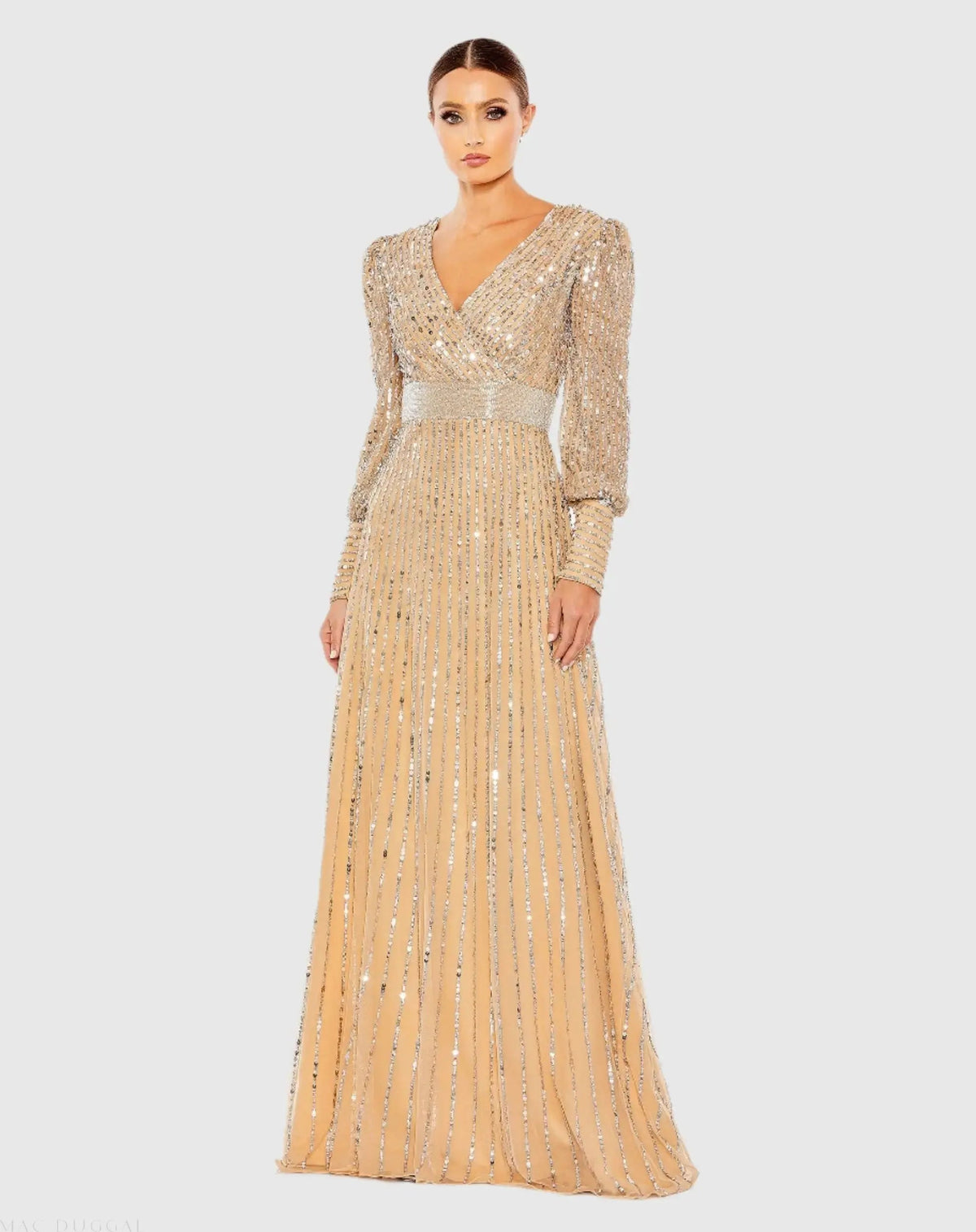 Beige Sequined Wrap Over Bishop Sleeve Gown