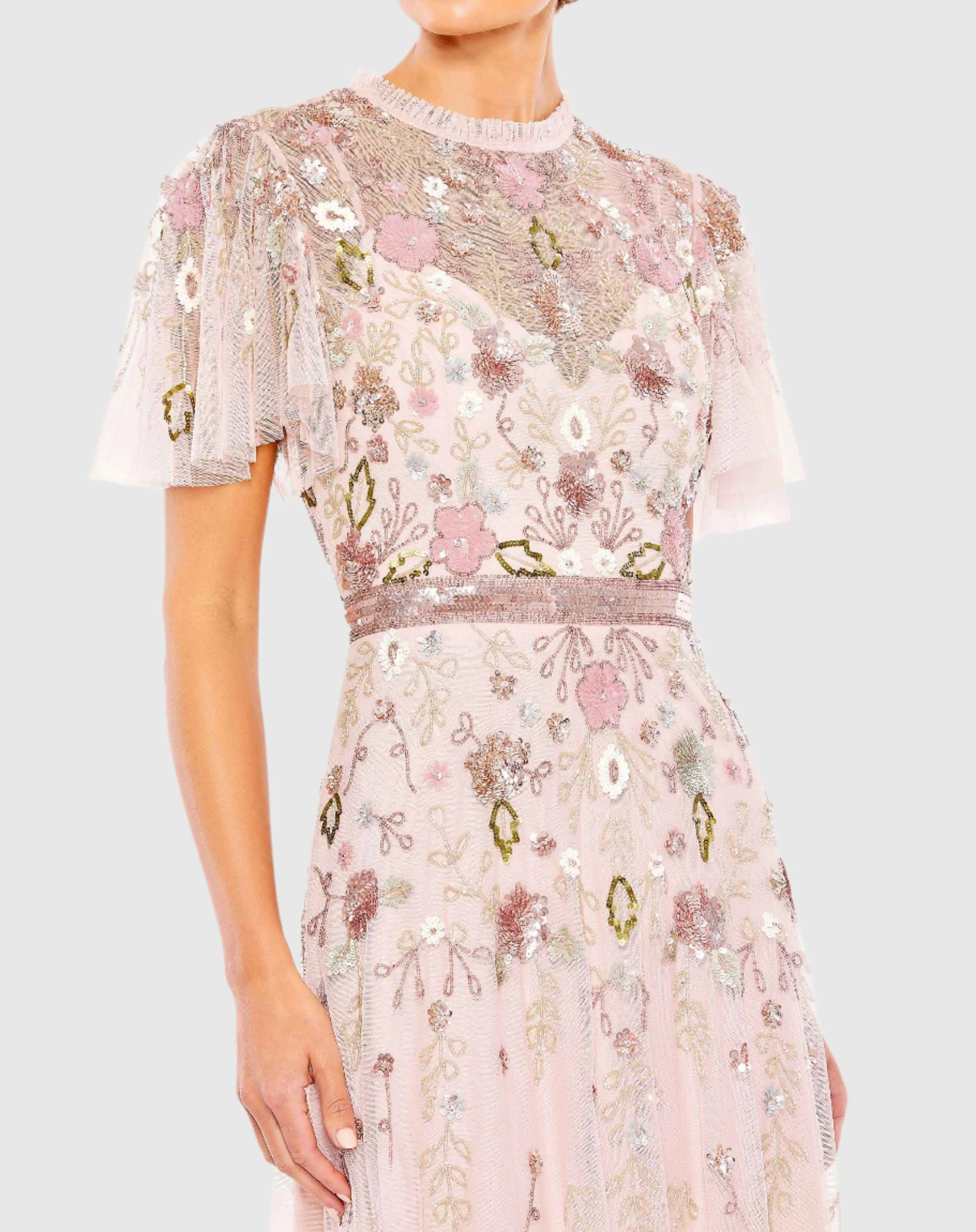 Pink Embellished High Neck Butterfly Sleeve Gown