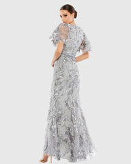 Gray Embellished V Neck Butterfly Sleeve Trumpet Gown