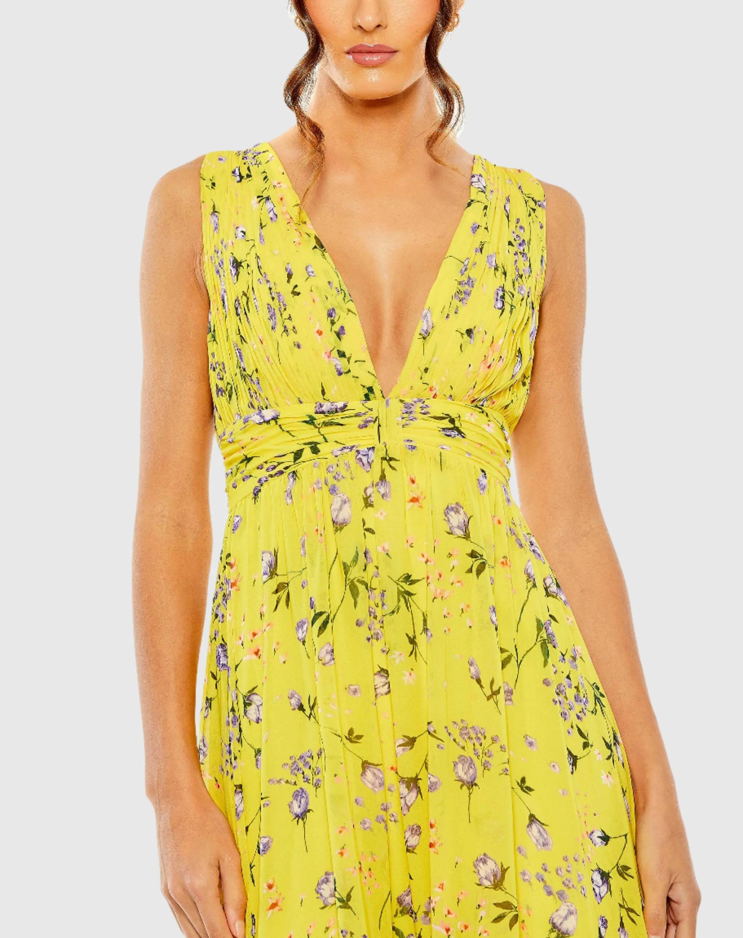 Yellow Floral Print V-Neck Ruched Gown - FINAL SALE