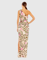 Beige Floral Sequined One Shoulder Column Gown