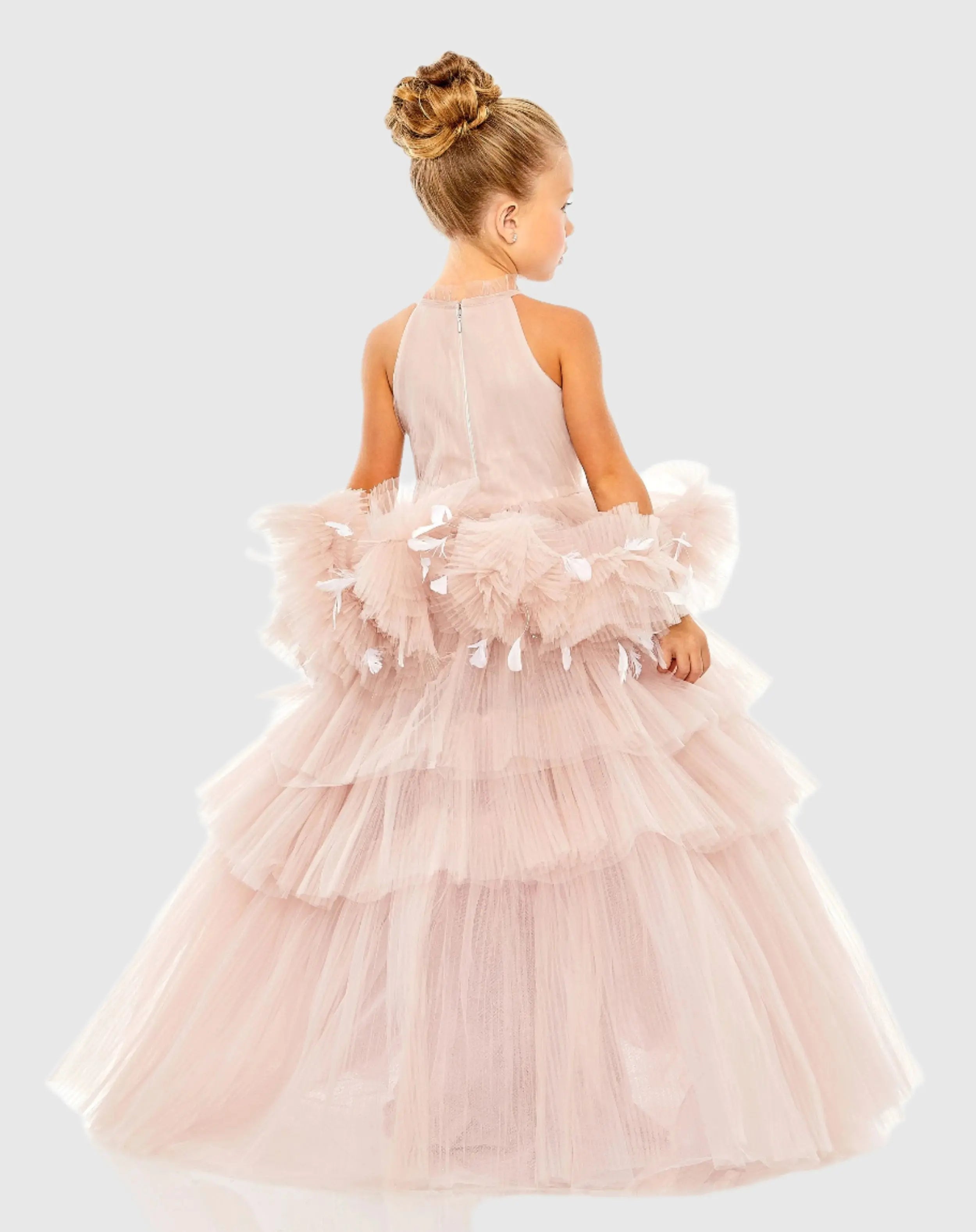Girls High Neck Tulle Dress with Feather Detail