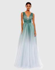 Green Glitter Ombre V Neck Sleeveless Gown