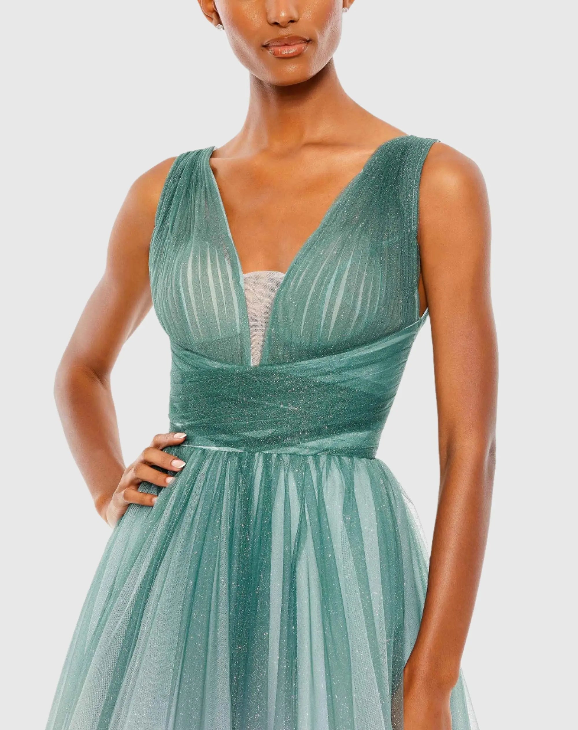 Green Glitter Ombre V Neck Sleeveless Gown