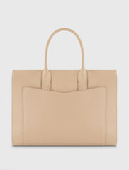 Beige Large Leather Briefcase Bag With Gold Hardware