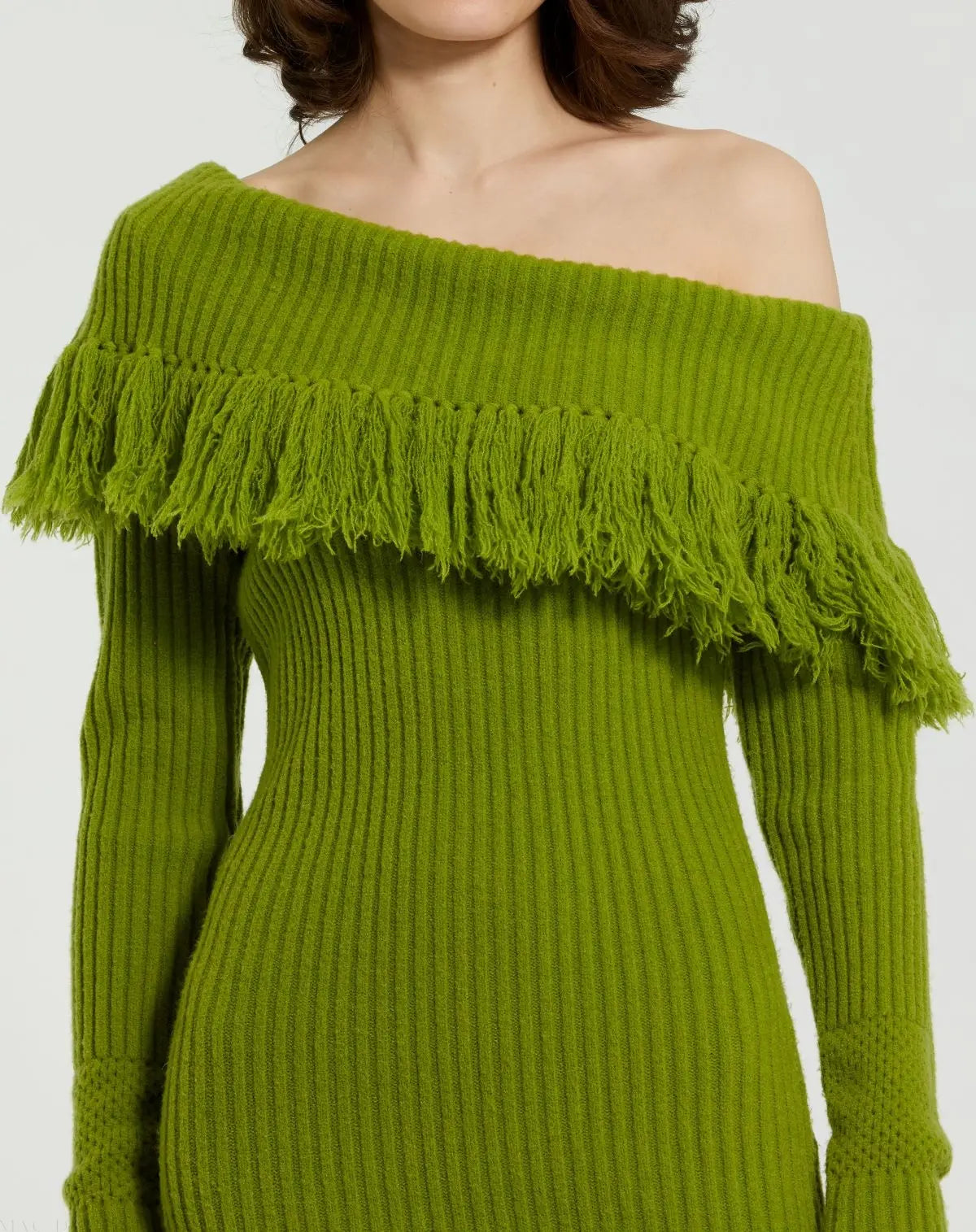 Green Off The Shoulder Fringe Long Sleeve Knit Dress - FINAL SALE