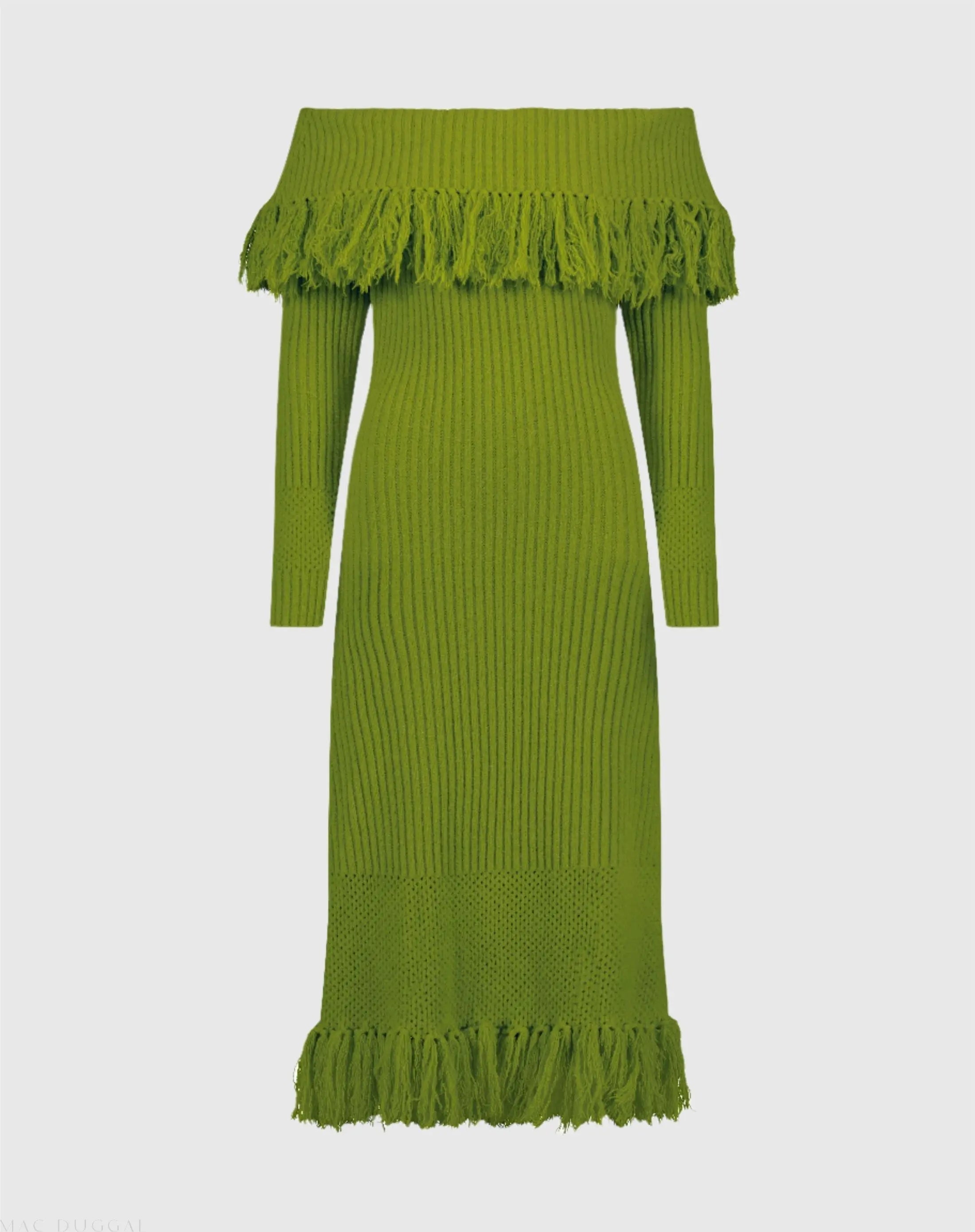 Green Off The Shoulder Fringe Long Sleeve Knit Dress - FINAL SALE