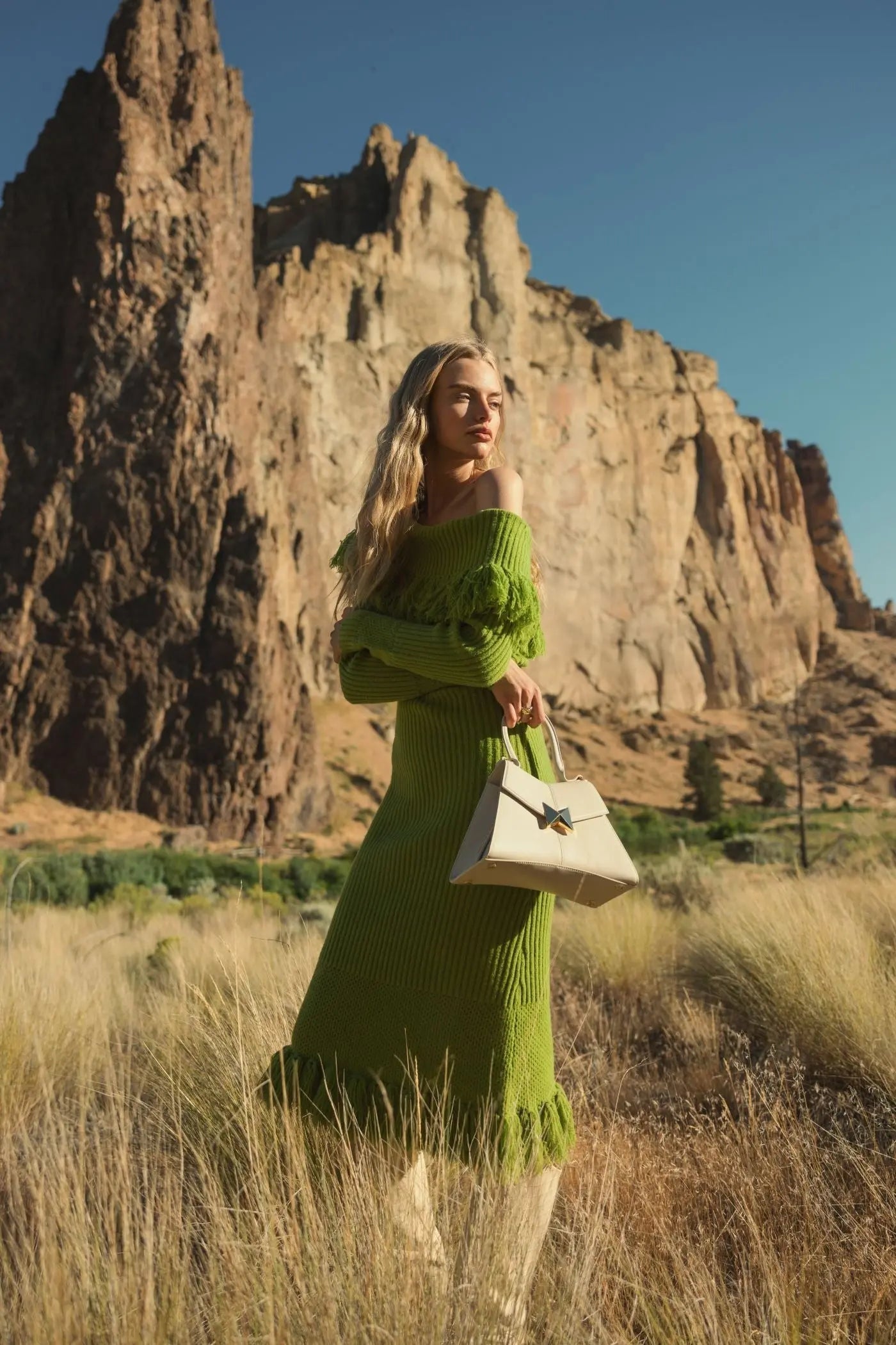 Green Off The Shoulder Fringe Long Sleeve Knit Dress - FINAL SALE