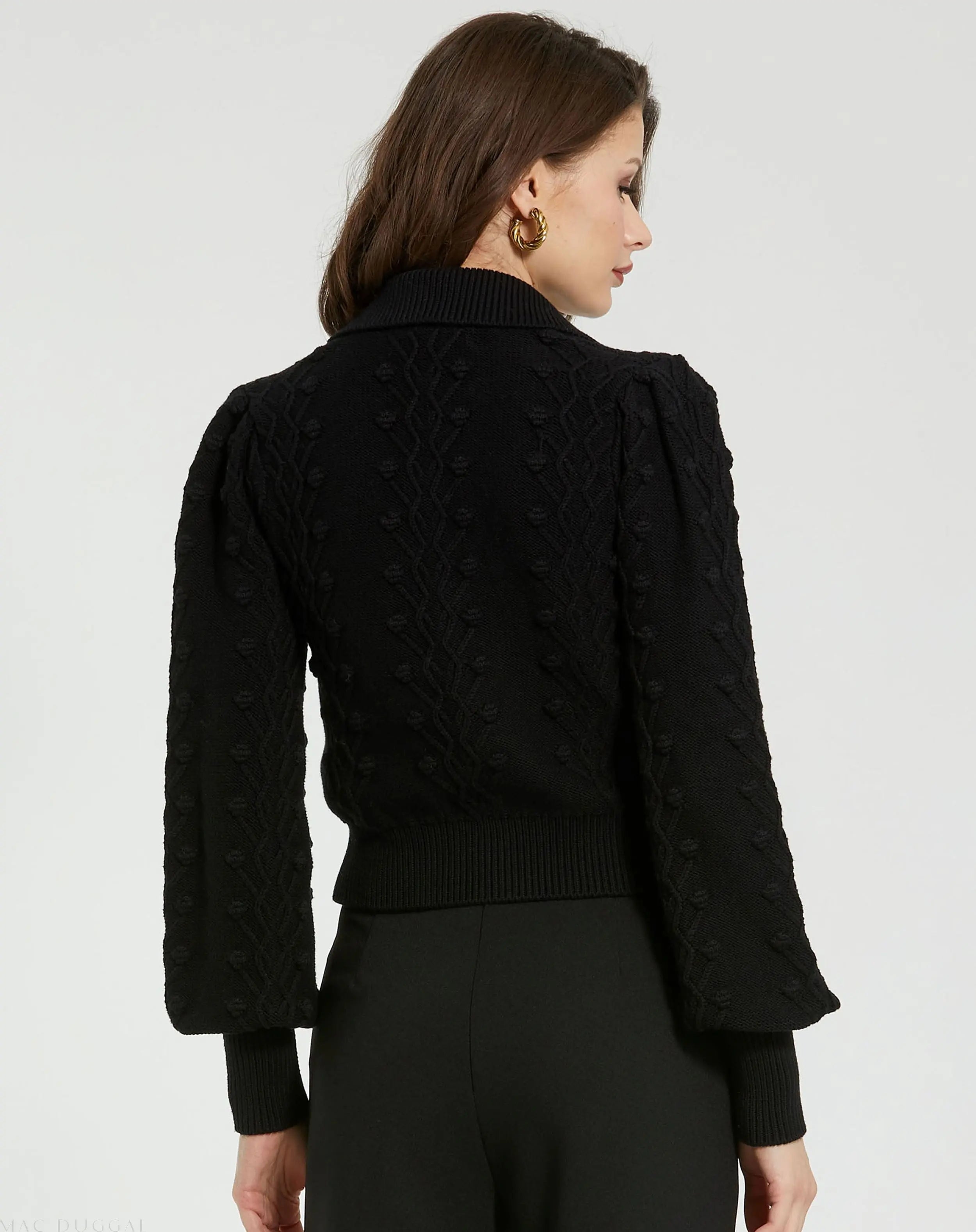 Black Cropped Bobble Cable Knit Button Up Cardigan Sweater