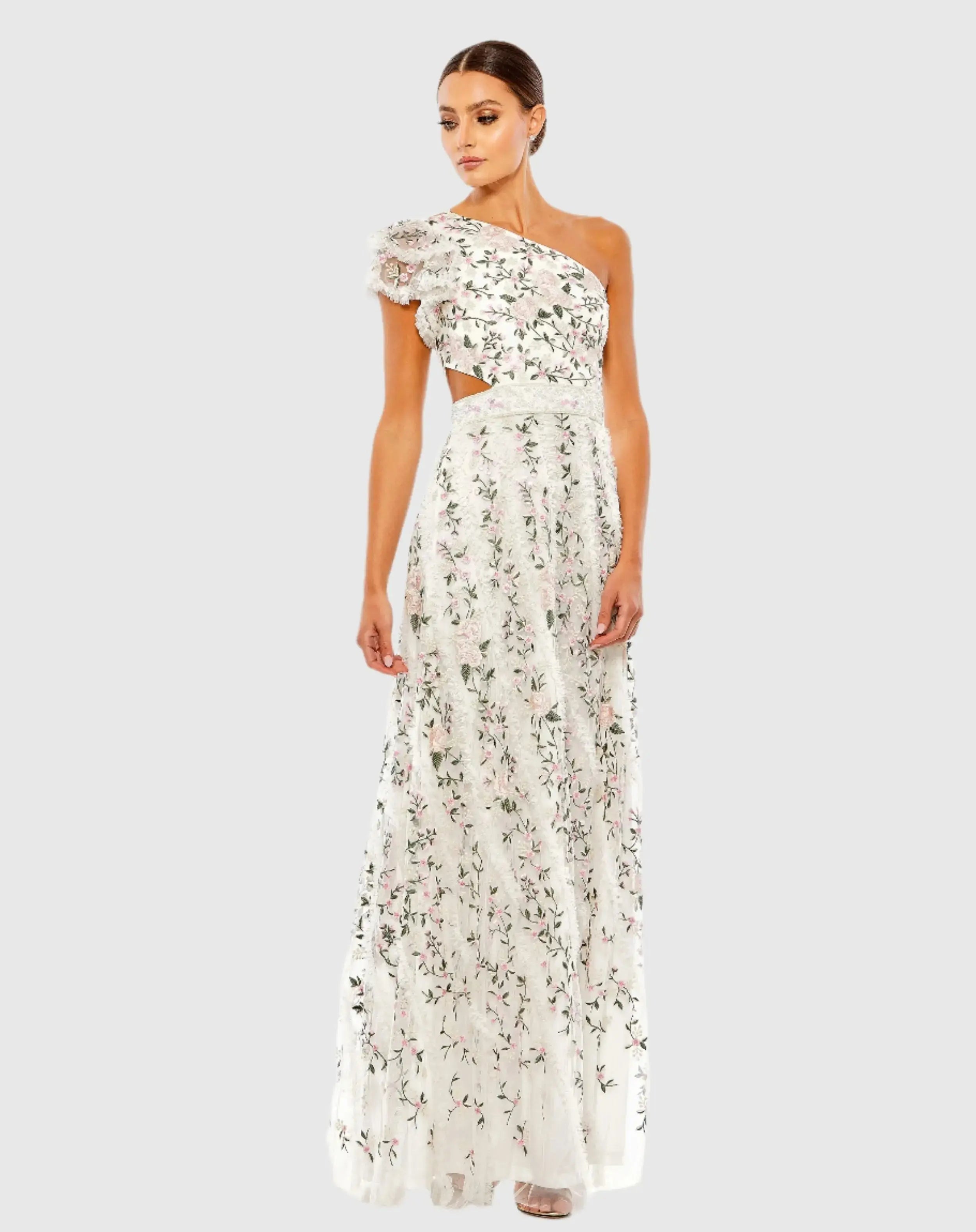 Multicolor Embroidered Ruffled One Shoulder Lace Up Gown