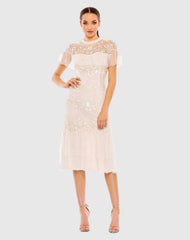 Pink High Neck Mesh Tier Embroidered Dress
