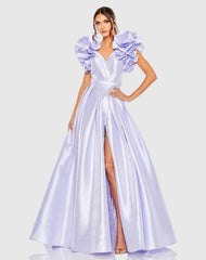 Purple Flutter Sleeve V-Neck Ballgown with Slit