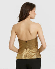 Gold Metallic Lamé Strapless Wrap Top With Bow Detail