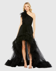 Black Ruffled One Shoulder High Low Tulle Gown