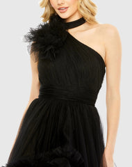 Black Ruffled One Shoulder High Low Tulle Gown