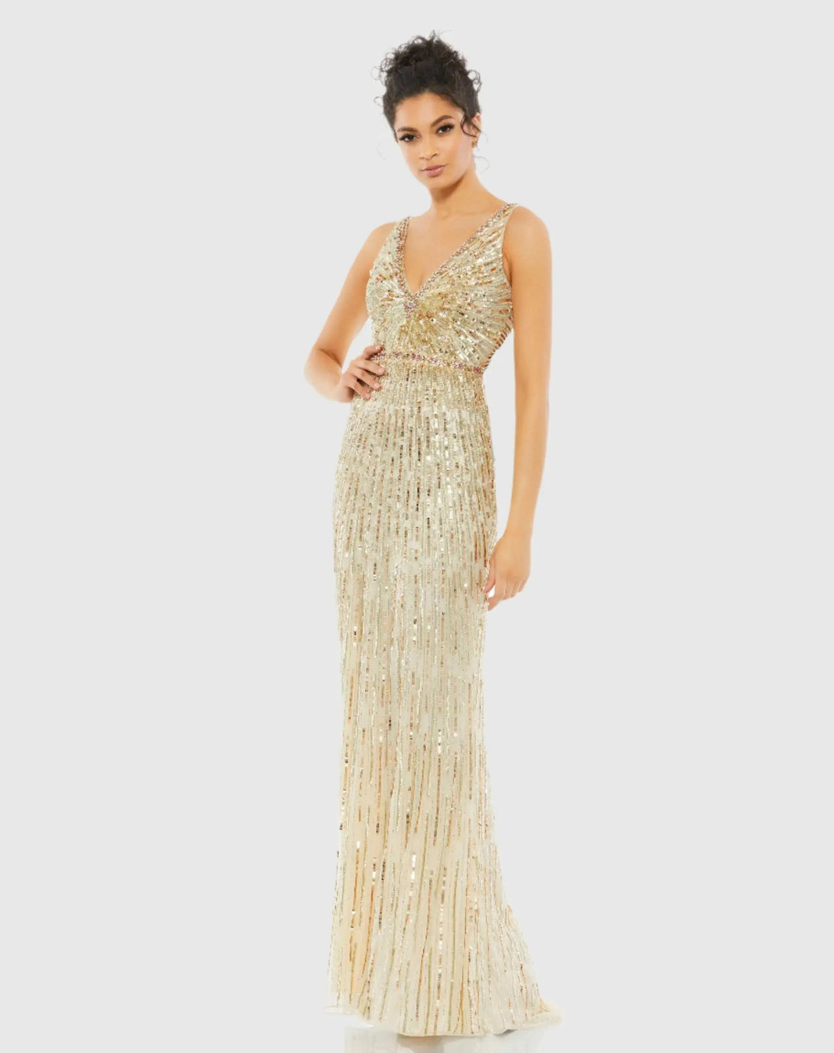 Gold Sequin Embellished Sleeveless Evening Gown