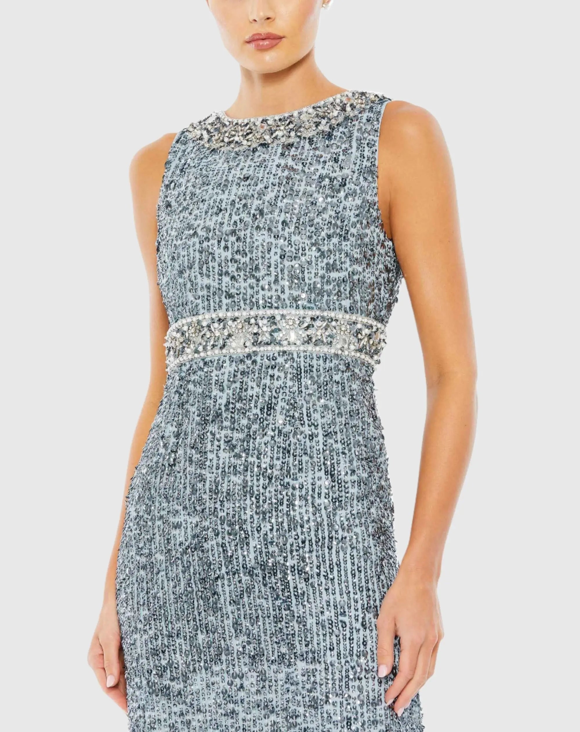 Blue Sleeveless Sequin Column Gown