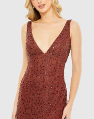 Red Sleeveless Sequined V-Neck Gown