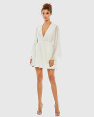 White Solid Flowy V Neck Illusion Sleeve Mini Dress