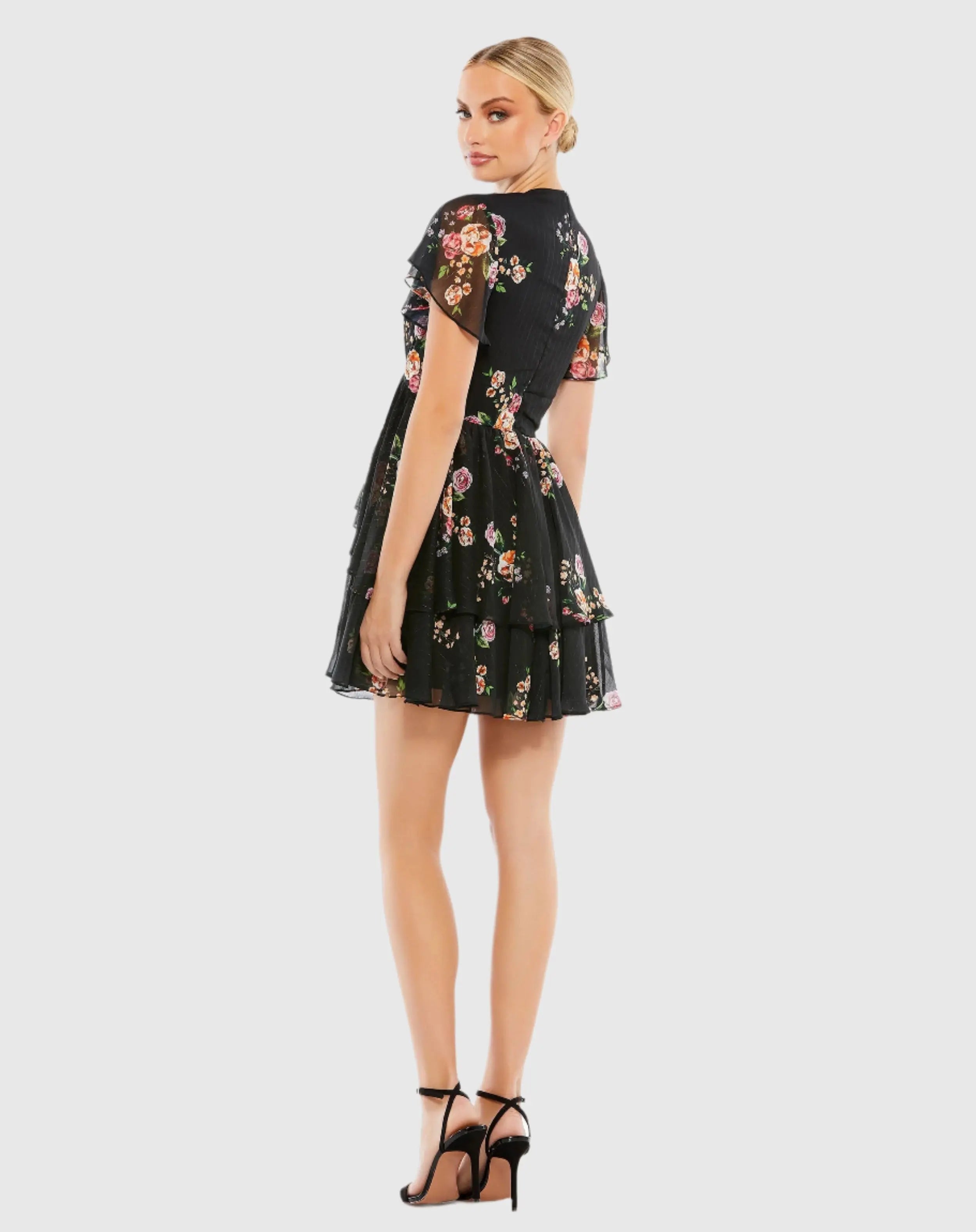 Black Tiered Ruffle Floral Print V Neck Butterfly Sleeve